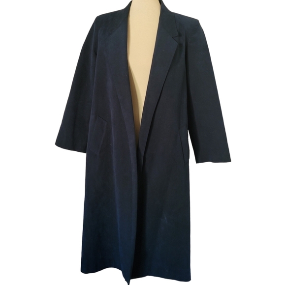 Vintage Lilli Ann Blue Ultra Suede Open Front‎ Tie Waist Midi Coat Union Label - Picture 2 of 5